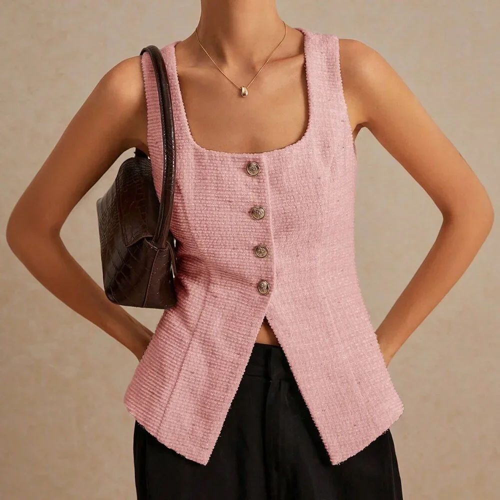 Baby Pink Casual Women's Sleeveless Scooped Back Tweed Top - Picture 2 of 7